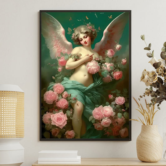 Celestial Blossom The Angel's Embrace, Angel Canvas Painting, Rose Wall Art Decor, Poster Gift For Angel Lovers