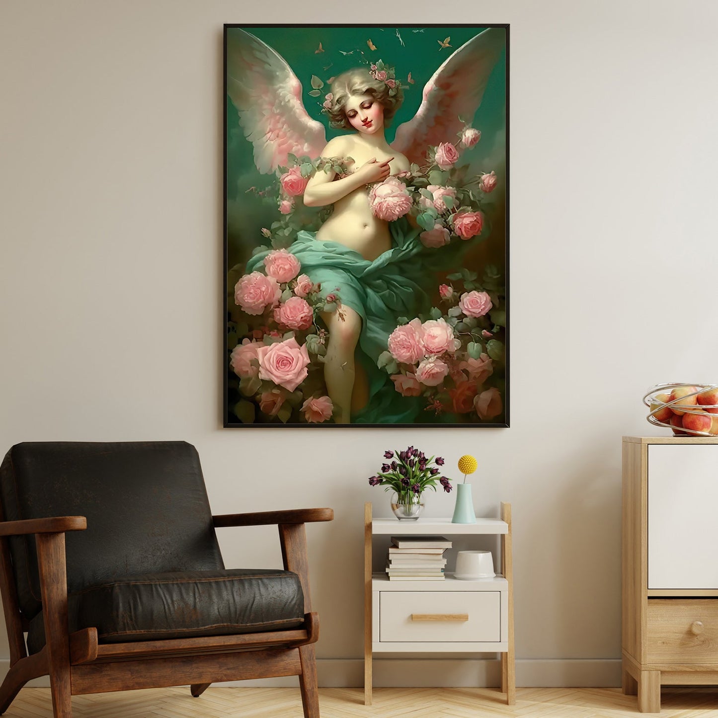 Celestial Blossom The Angel's Embrace, Angel Canvas Painting, Rose Wall Art Decor, Poster Gift For Angel Lovers