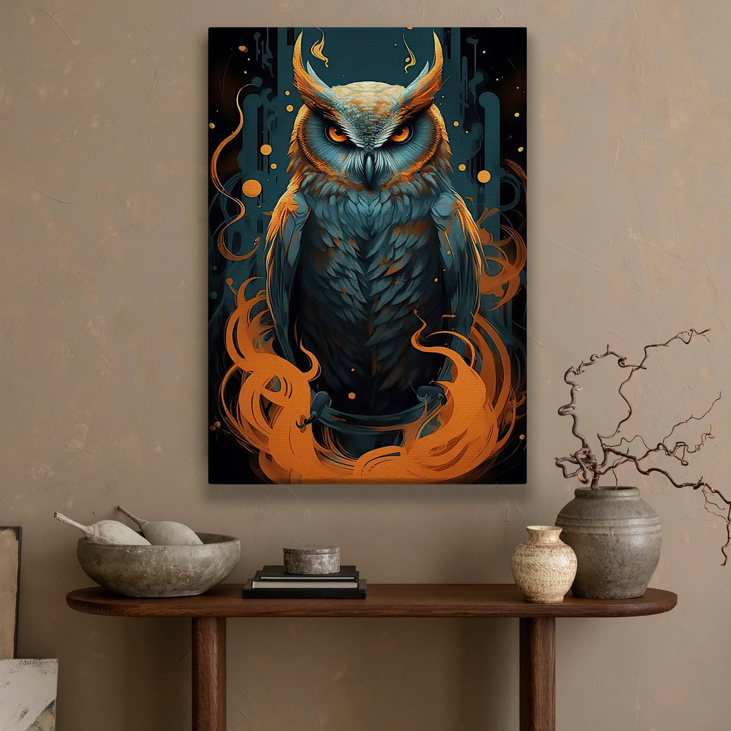 Majestic Gaze Flames of Wisdom, Owl Canvas Painting, Mystical Wall Art Decor, Poster Gift For Owl Lovers