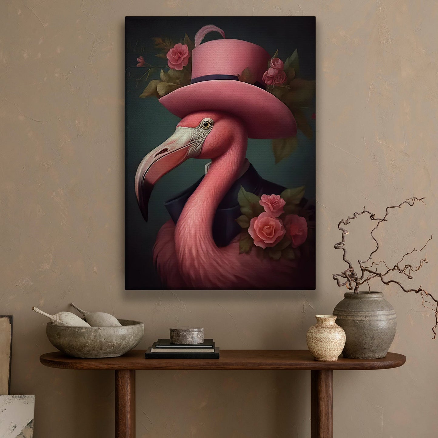 The Flamingo's Finery, Victorian Flamingo Canvas Painting, Mystical Flower Wall Art Decor, Poster Gift For Flamingo Lovers