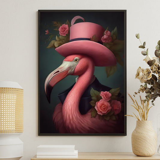 The Flamingo's Finery, Victorian Flamingo Canvas Painting, Mystical Flower Wall Art Decor, Poster Gift For Flamingo Lovers