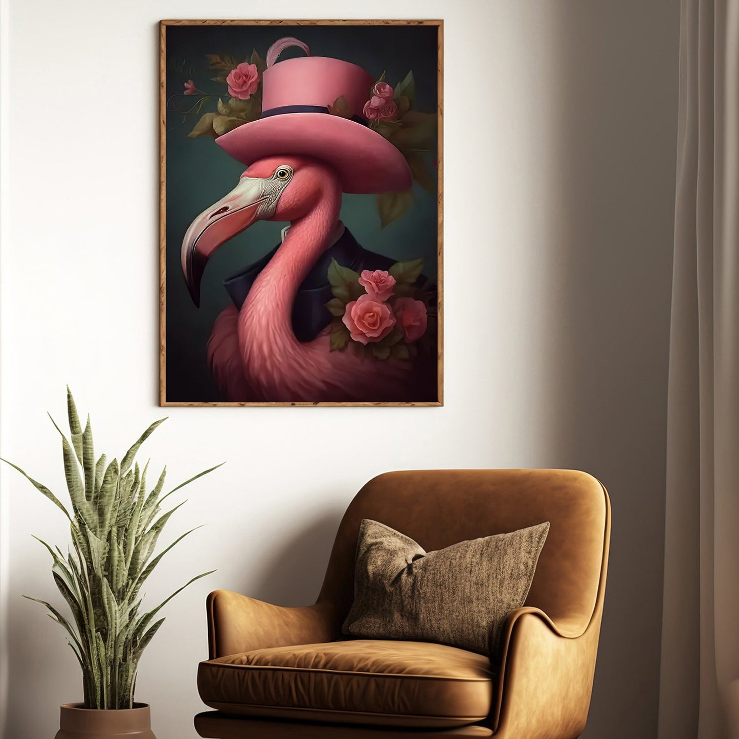 The Flamingo's Finery, Victorian Flamingo Canvas Painting, Mystical Flower Wall Art Decor, Poster Gift For Flamingo Lovers