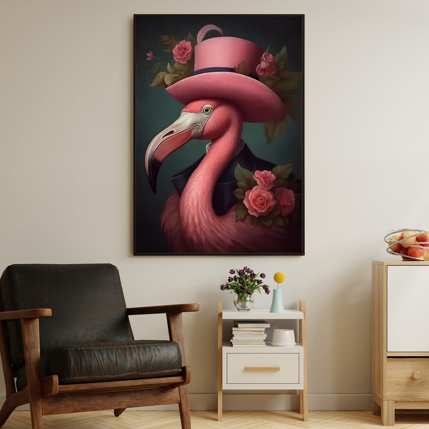 The Flamingo's Finery, Victorian Flamingo Canvas Painting, Mystical Flower Wall Art Decor, Poster Gift For Flamingo Lovers