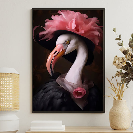 Elegance in Feathers, Victorian Flamingo Canvas Painting, Mystical Flower Wall Art Decor, Poster Gift For Flamingo Lovers