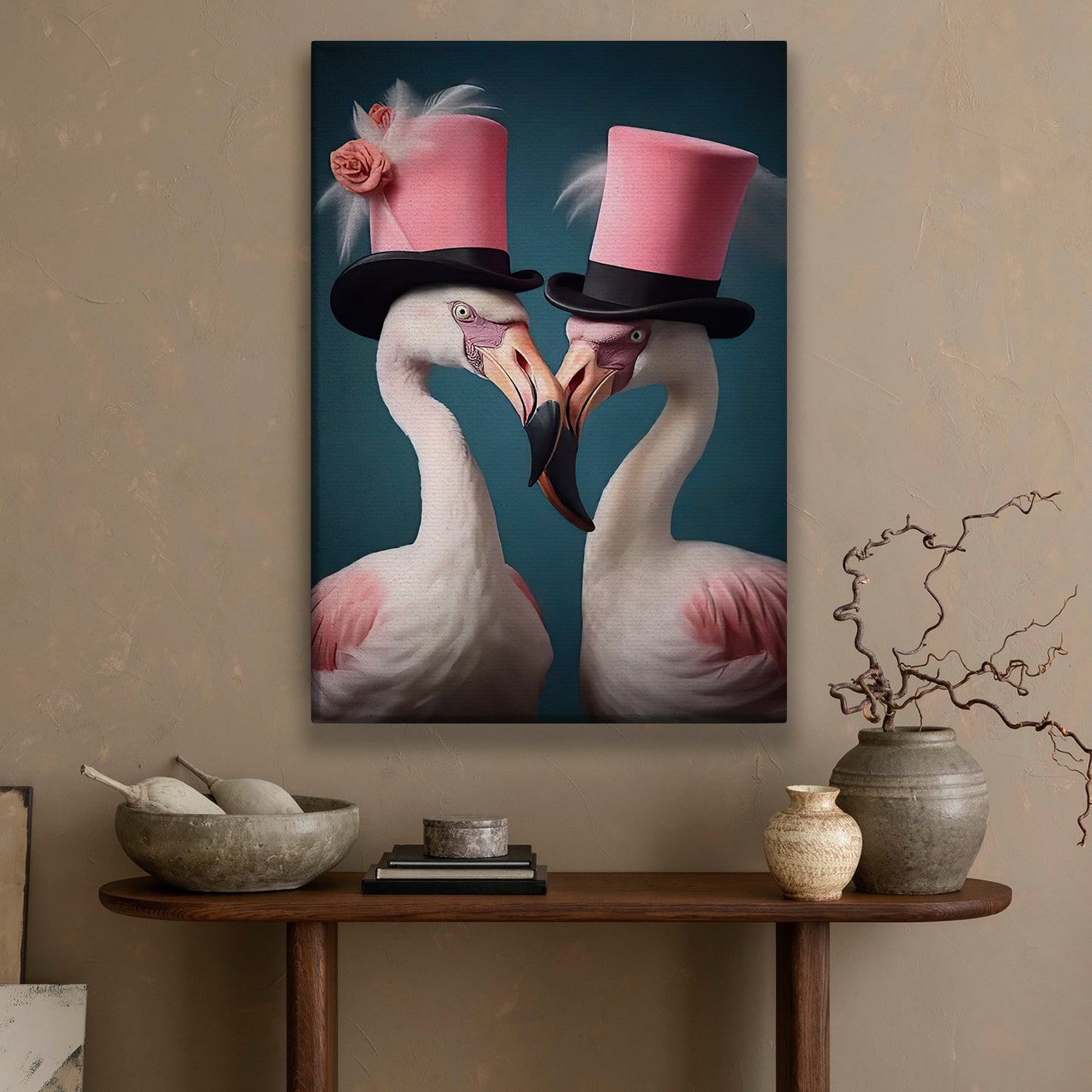 The Flamingos' Grandeur, Victorian Flamingo Canvas Painting, Mystical Flower Wall Art Decor, Poster Gift For Flamingo Lovers