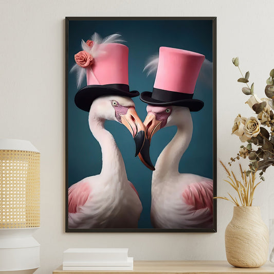 The Flamingos' Grandeur, Victorian Flamingo Canvas Painting, Mystical Flower Wall Art Decor, Poster Gift For Flamingo Lovers
