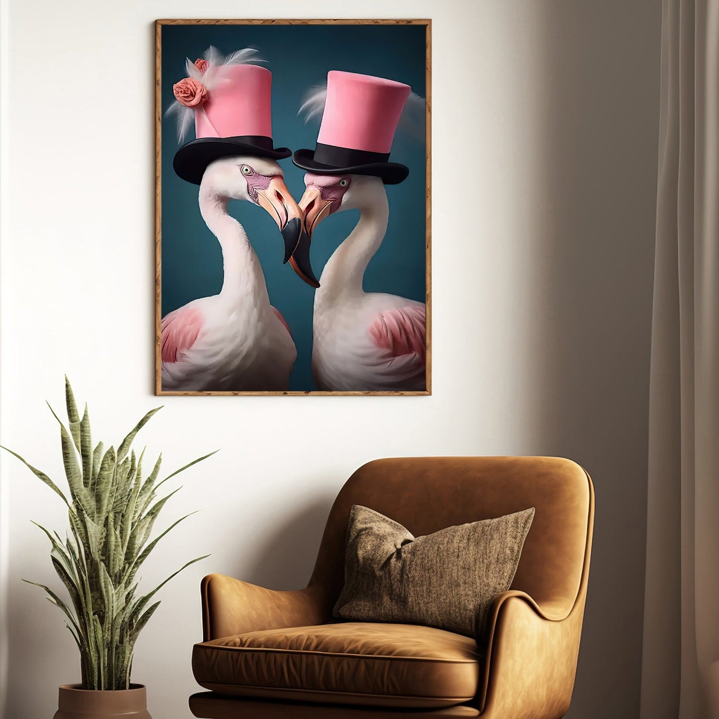 The Flamingos' Grandeur, Victorian Flamingo Canvas Painting, Mystical Flower Wall Art Decor, Poster Gift For Flamingo Lovers