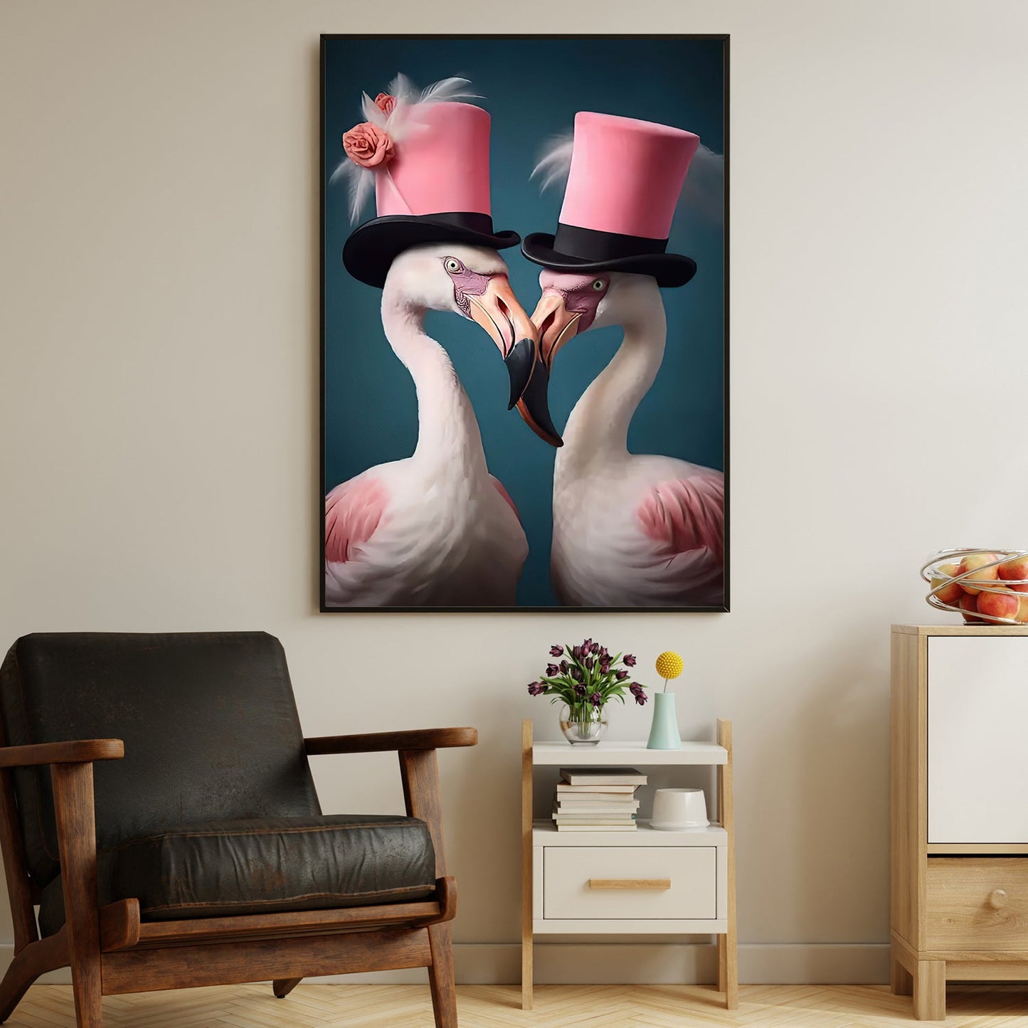 The Flamingos' Grandeur, Victorian Flamingo Canvas Painting, Mystical Flower Wall Art Decor, Poster Gift For Flamingo Lovers