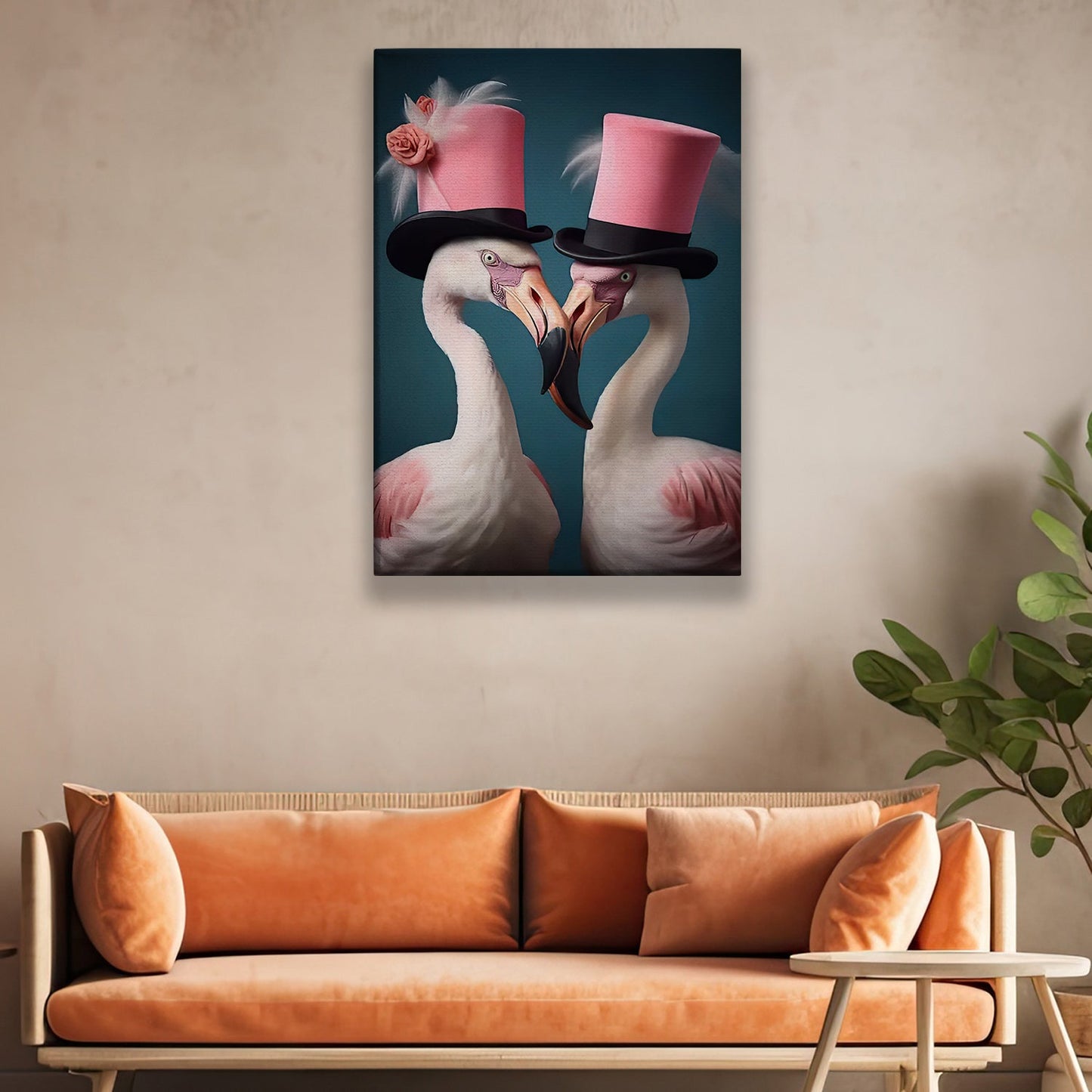 The Flamingos' Grandeur, Victorian Flamingo Canvas Painting, Mystical Flower Wall Art Decor, Poster Gift For Flamingo Lovers