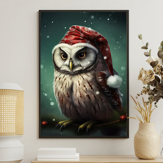 Owl Wear Noel Hat, Owl Canvas Painting, Wall Art Decor - Poster Gift For Owl Lovers