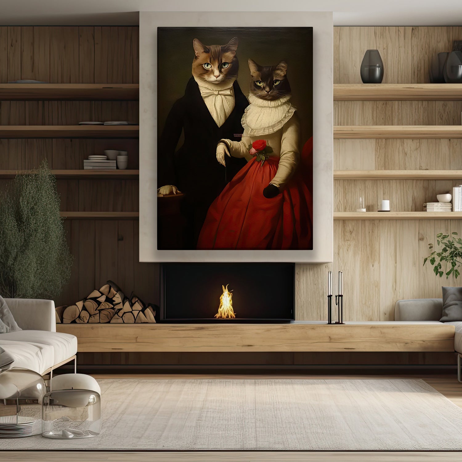 Victorian Whiskers Elegance in Red, Victorian Cat Canvas Painting