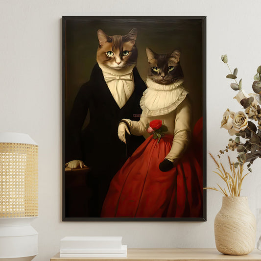 Victorian Whiskers Elegance in Red, Victorian Cat Canvas Painting, Mystical Wall Art Decor, Poster Gift For Cat Lovers