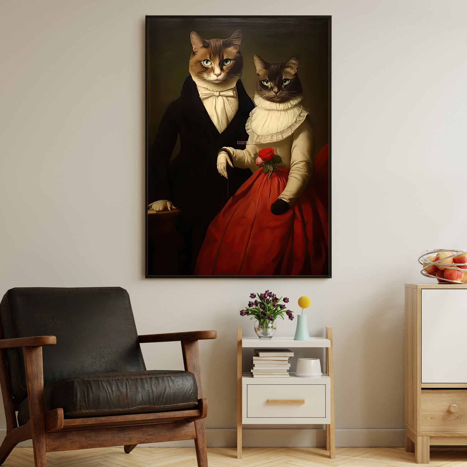 Victorian Whiskers Elegance in Red, Victorian Cat Canvas Painting