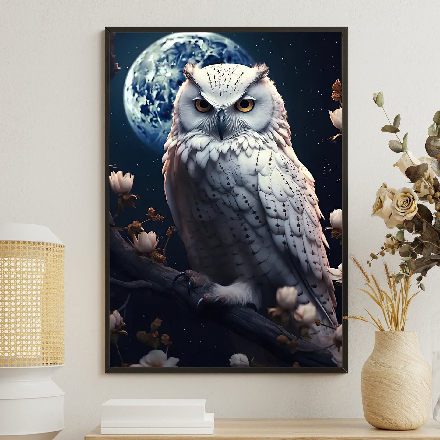 Lunar Majest The Watchful Owl, Owl Canvas Painting, Mystical Wall Art Decor, Poster Gift For Owl Lovers