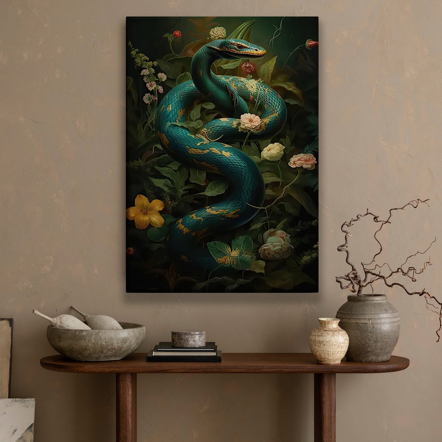 The Serpent's Enchantment, Snake Canvas Painting, Mystical Wall Art Decor, Poster Gift For Snake Lovers