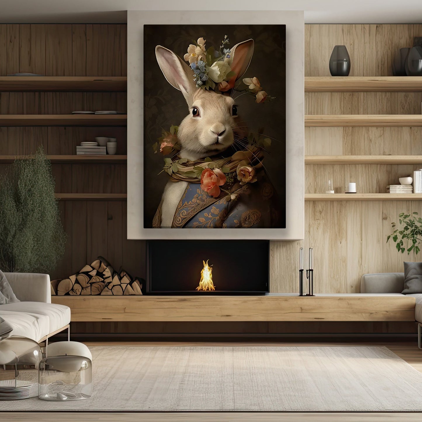 Bucolic Elegance, Victorian Rabbit Canvas Painting, Mystical Wall Art Decor, Poster Gift For Rabbit Lovers