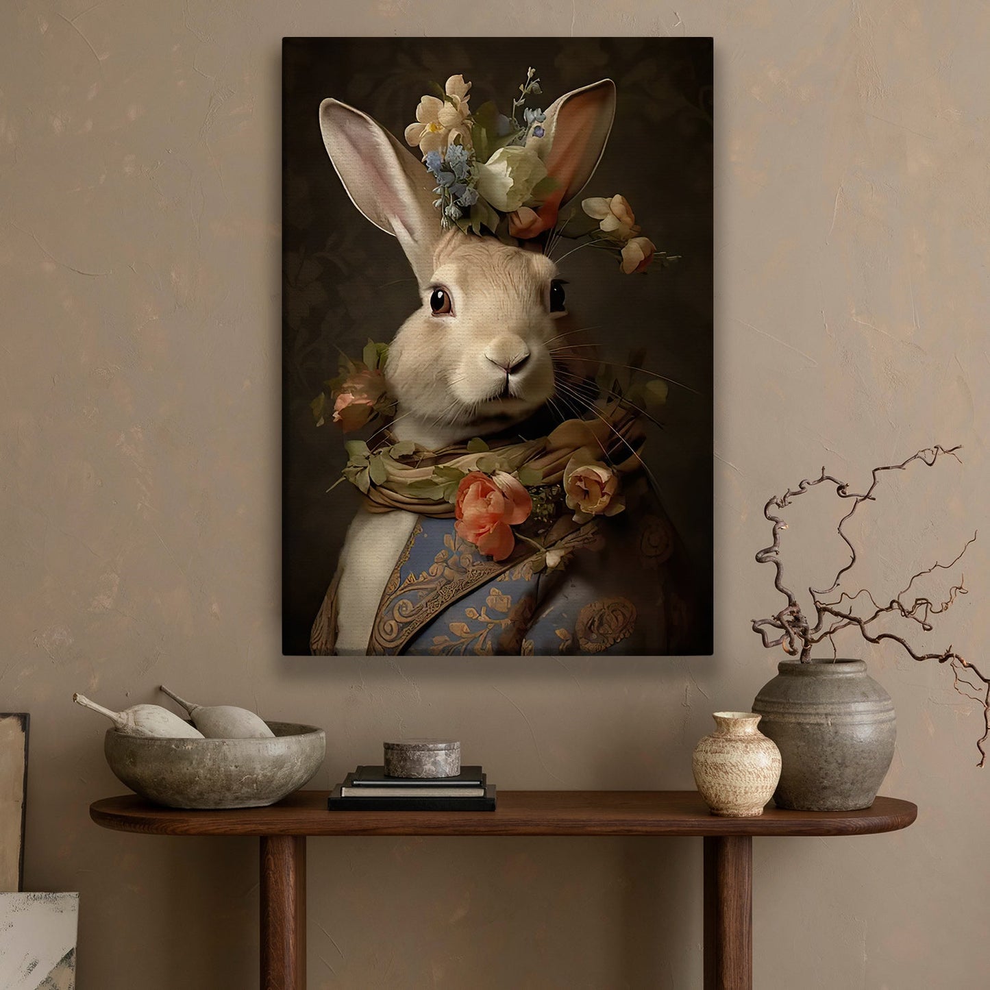 Bucolic Elegance, Victorian Rabbit Canvas Painting, Mystical Wall Art Decor, Poster Gift For Rabbit Lovers