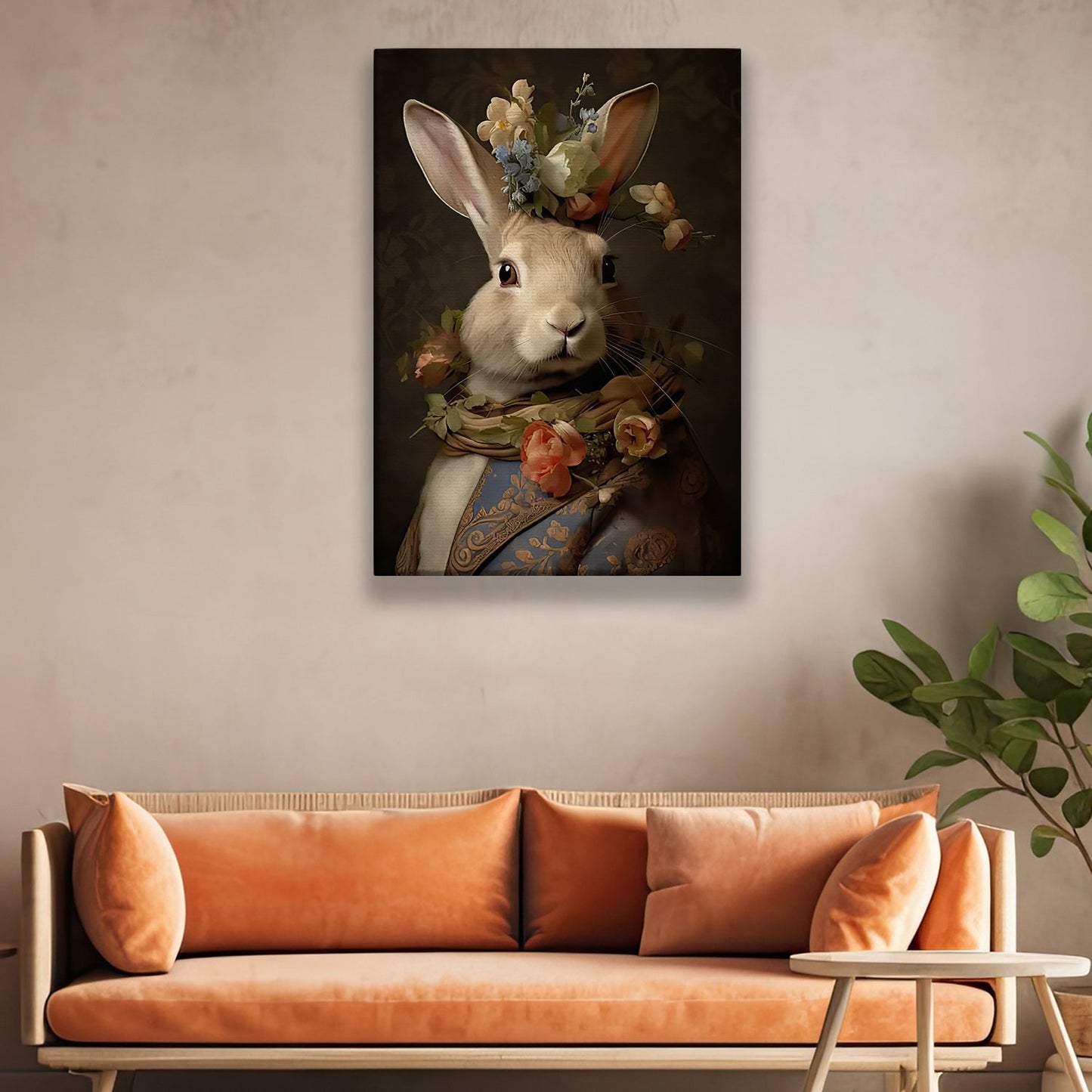 Bucolic Elegance, Victorian Rabbit Canvas Painting, Mystical Wall Art Decor, Poster Gift For Rabbit Lovers