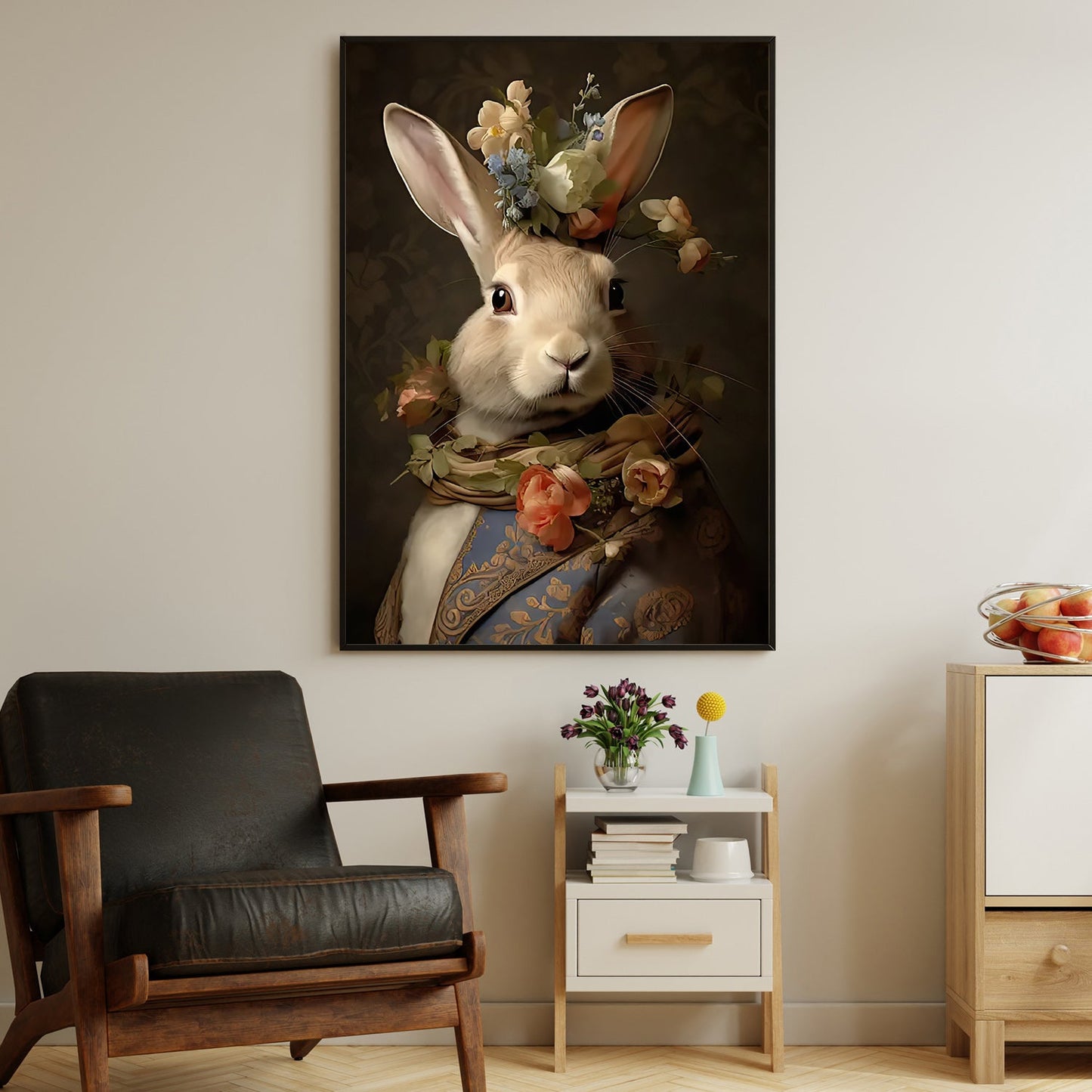 Bucolic Elegance, Victorian Rabbit Canvas Painting, Mystical Wall Art Decor, Poster Gift For Rabbit Lovers