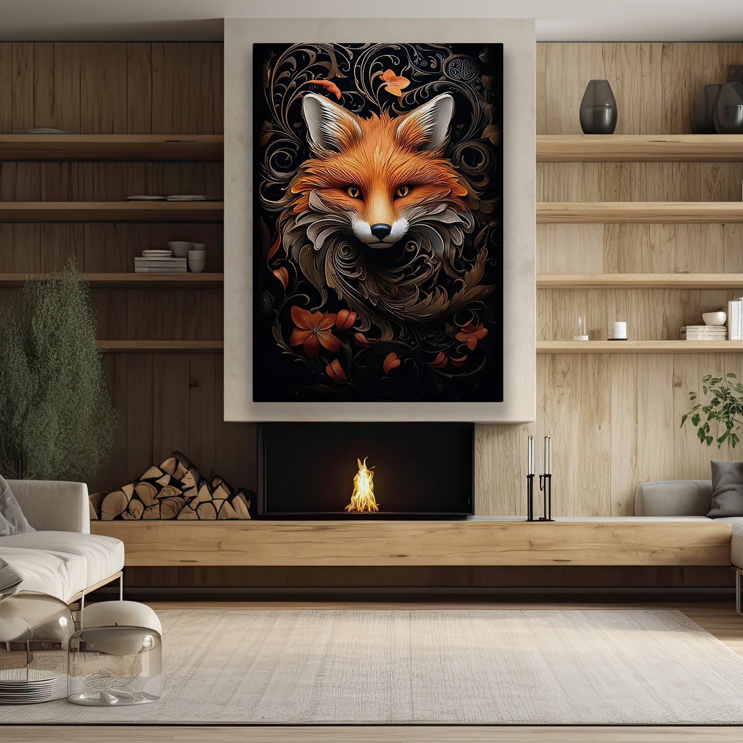 Fox in Florid Spiral, Victorian Fox Canvas Painting, Mystical Wall Art Decor, Poster Gift For Fox Lovers