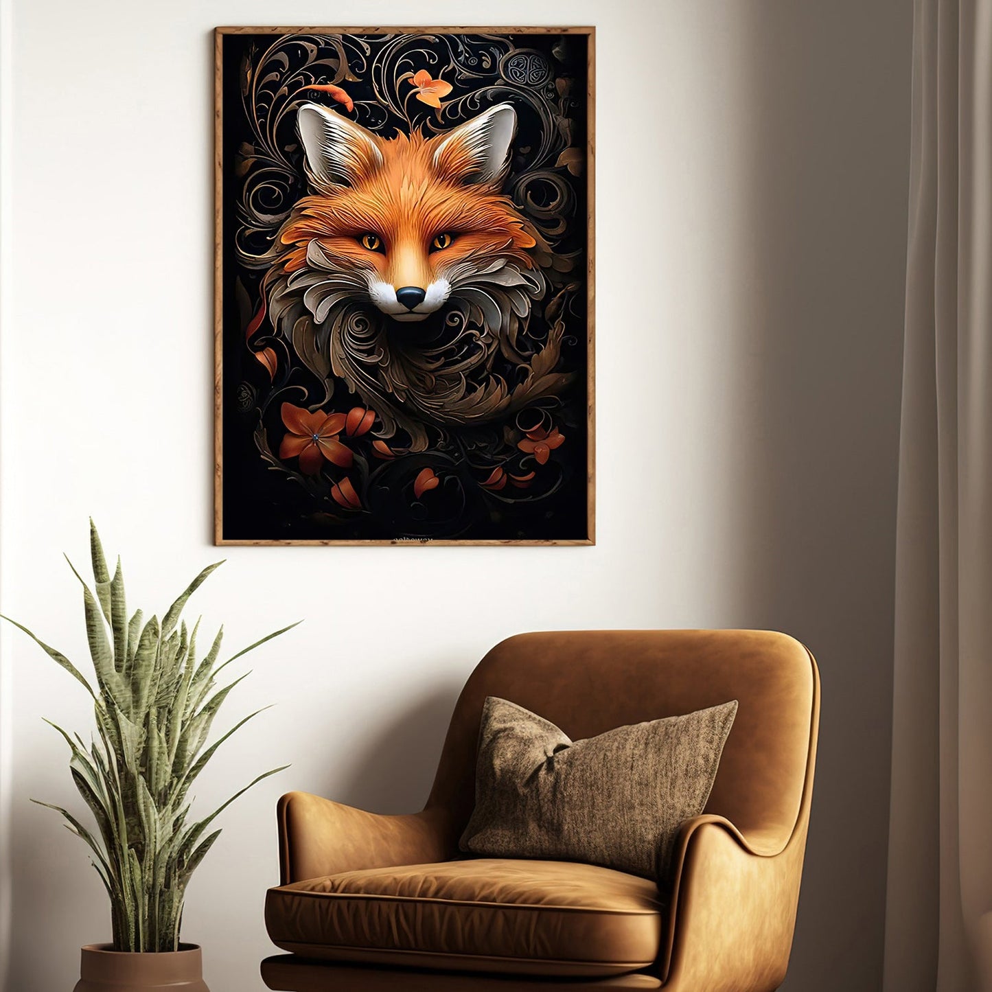 Fox in Florid Spiral, Victorian Fox Canvas Painting, Mystical Wall Art Decor, Poster Gift For Fox Lovers