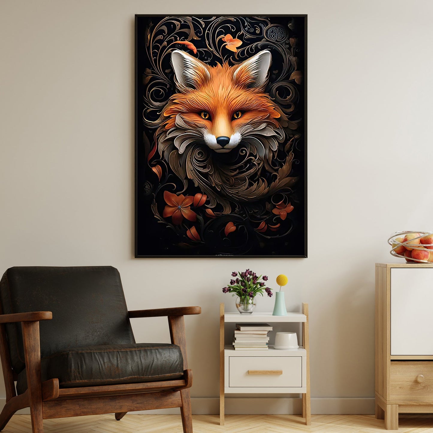 Fox in Florid Spiral, Victorian Fox Canvas Painting, Mystical Wall Art Decor, Poster Gift For Fox Lovers