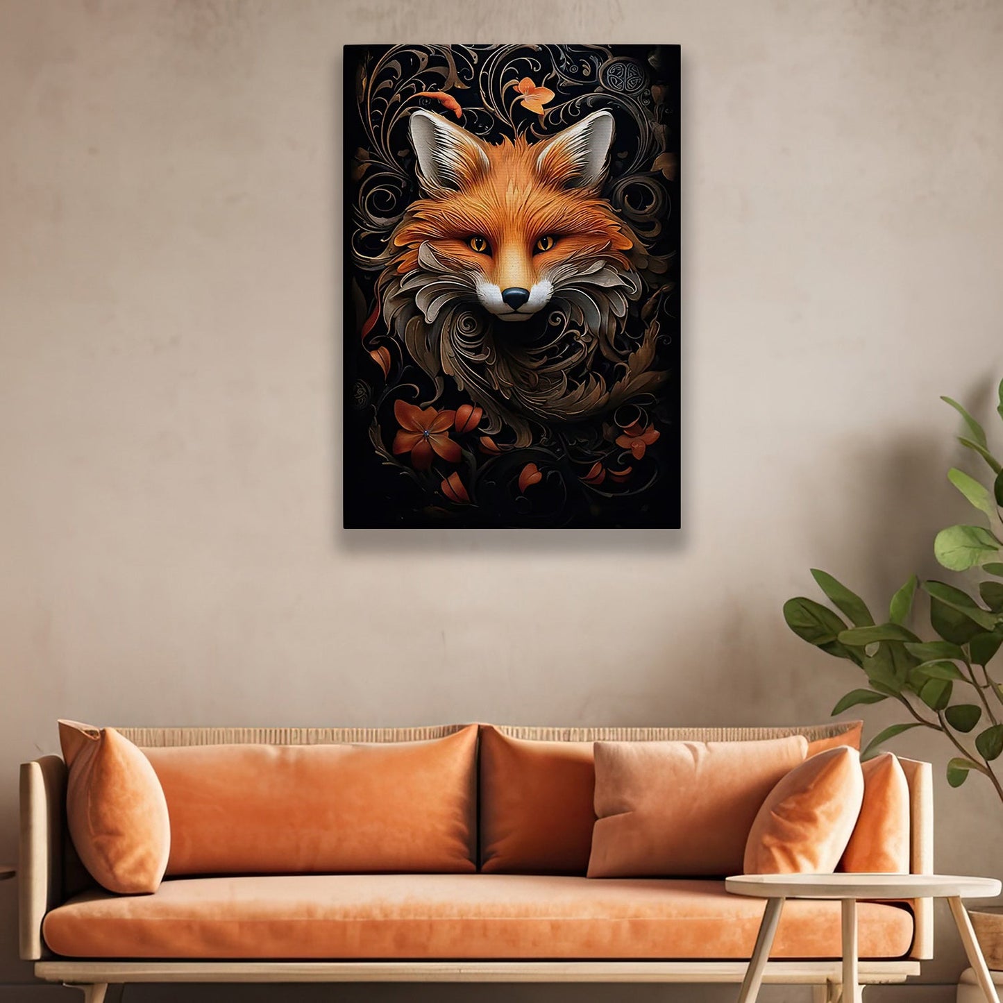 Fox in Florid Spiral, Victorian Fox Canvas Painting, Mystical Wall Art Decor, Poster Gift For Fox Lovers