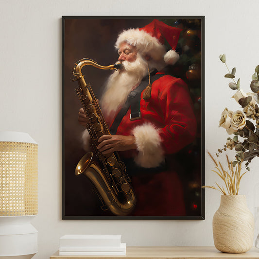 Jazzy Santa Serenade, Santa Claus Christmas Canvas Painting, Xmas Wall Art Decor - Santa Poster Gift