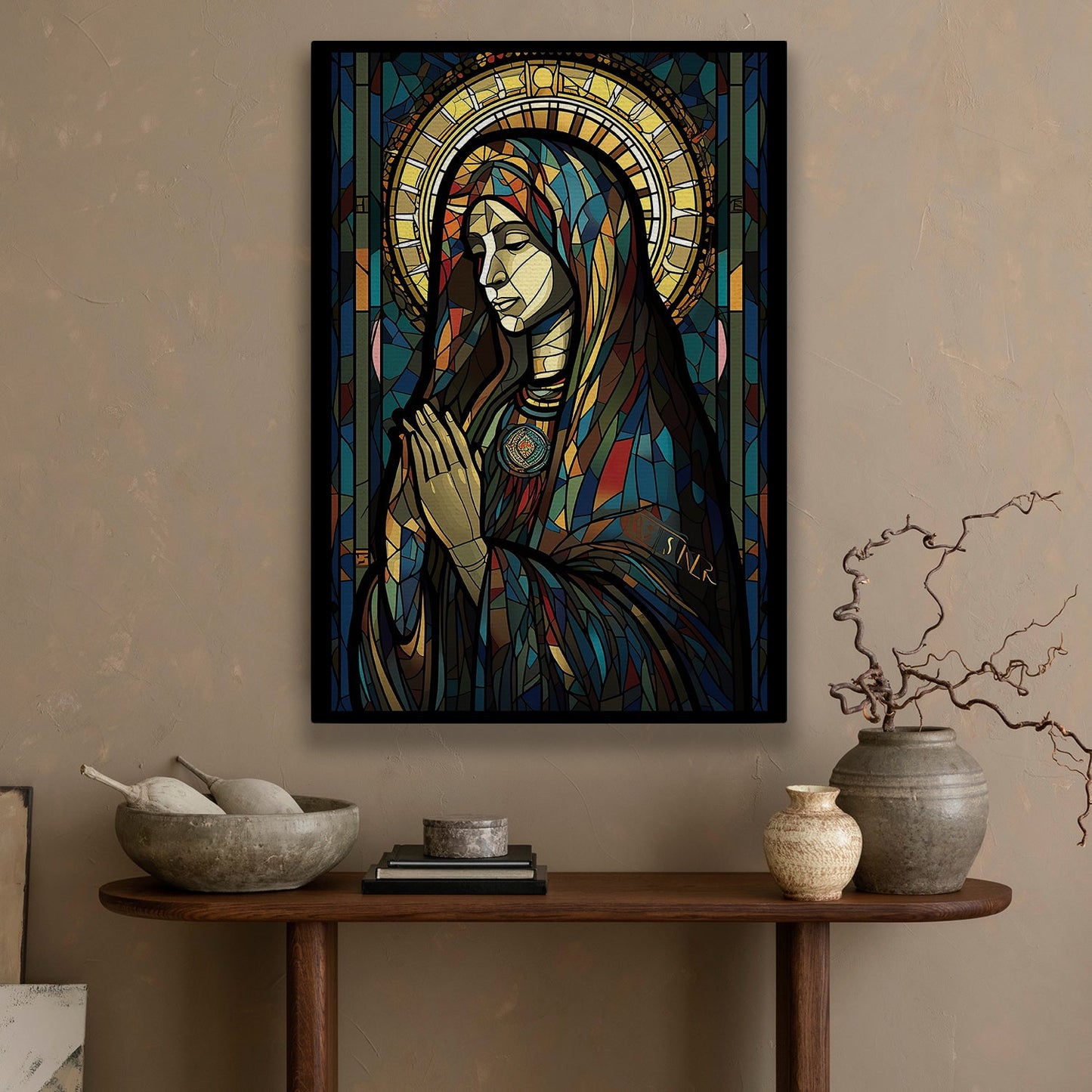 Stained Glass Sanctity, Virgin Mary Christmas Canvas Painting, Xmas Wall Art Decor - Christmas Poster Gift