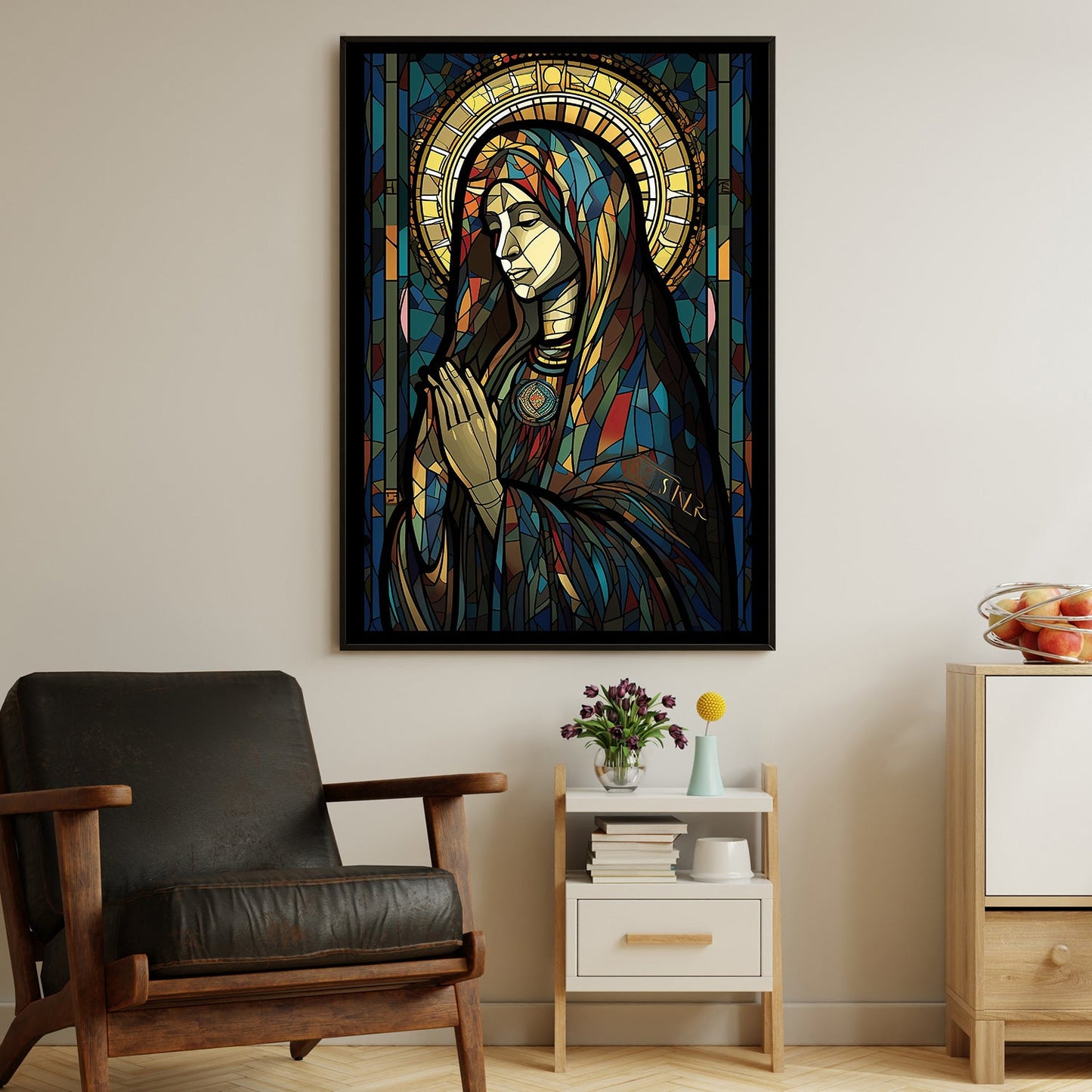 Stained Glass Sanctity, Virgin Mary Christmas Canvas Painting, Xmas Wall Art Decor - Christmas Poster Gift