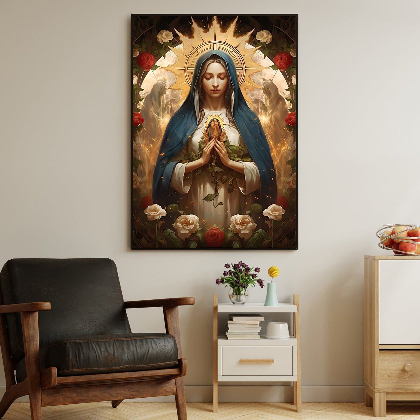 Serene Queen of Roses, Virgin Mary Christmas Canvas Painting, Xmas Wall Art Decor - Christmas Poster Gift