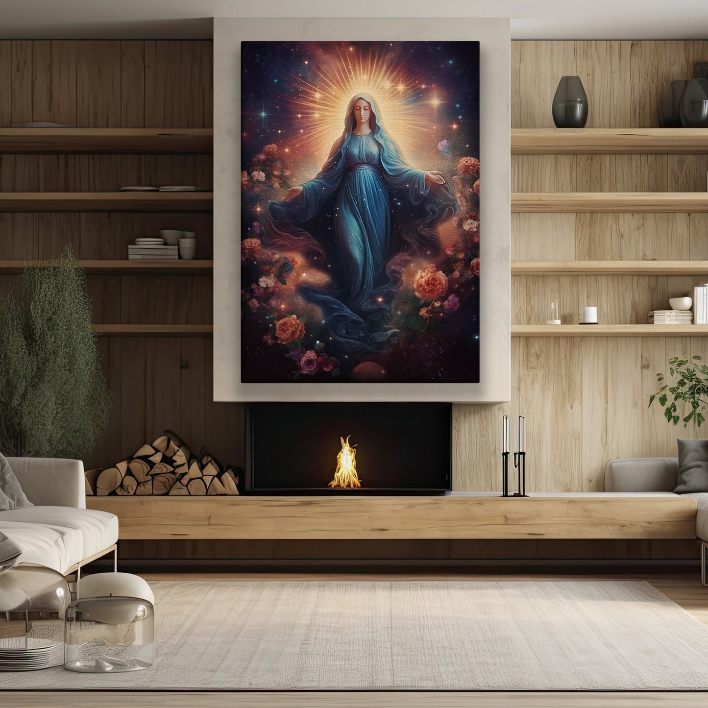 Celestial Mother Amidst Roses, Virgin Mary Christmas Canvas Painting, Xmas Wall Art Decor - Christmas Poster Gift