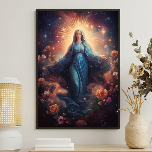 Celestial Mother Amidst Roses, Virgin Mary Christmas Canvas Painting, Xmas Wall Art Decor - Christmas Poster Gift