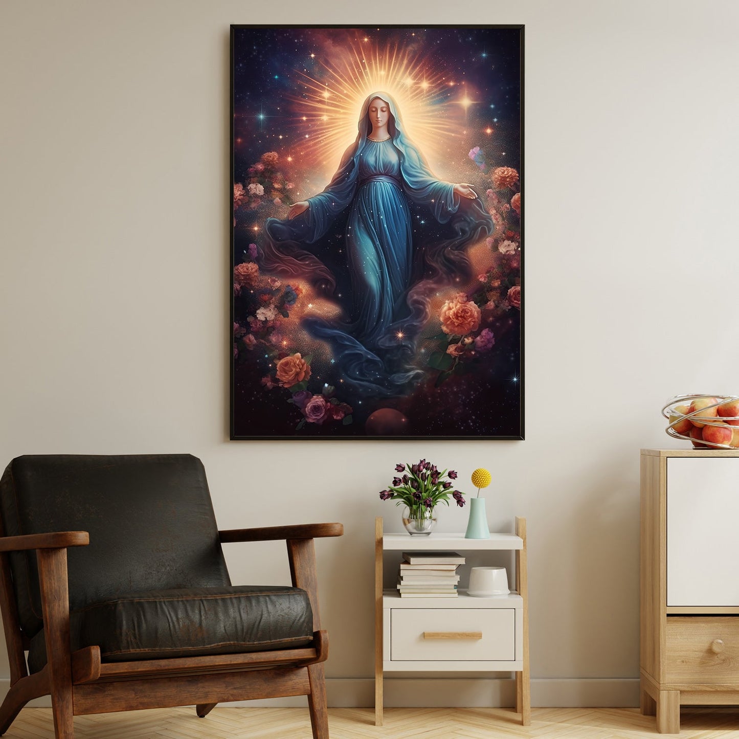 Celestial Mother Amidst Roses, Virgin Mary Christmas Canvas Painting, Xmas Wall Art Decor - Christmas Poster Gift