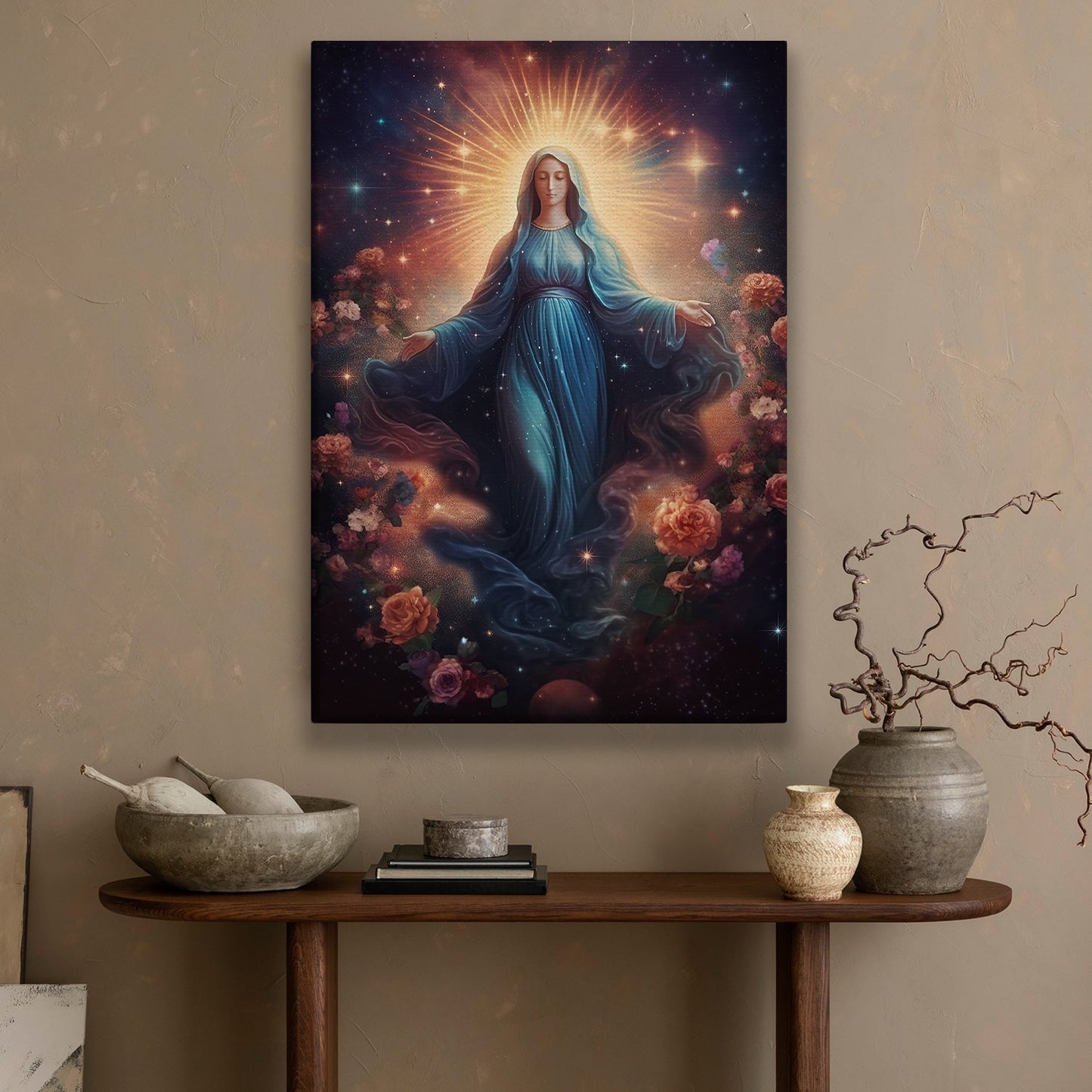 Celestial Mother Amidst Roses, Virgin Mary Christmas Canvas Painting, Xmas Wall Art Decor - Christmas Poster Gift