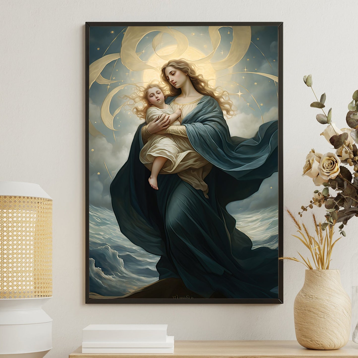 Celestial Madonna and Child, Virgin Mary Christmas Canvas Painting, Xmas Wall Art Decor - Christmas Poster Gift