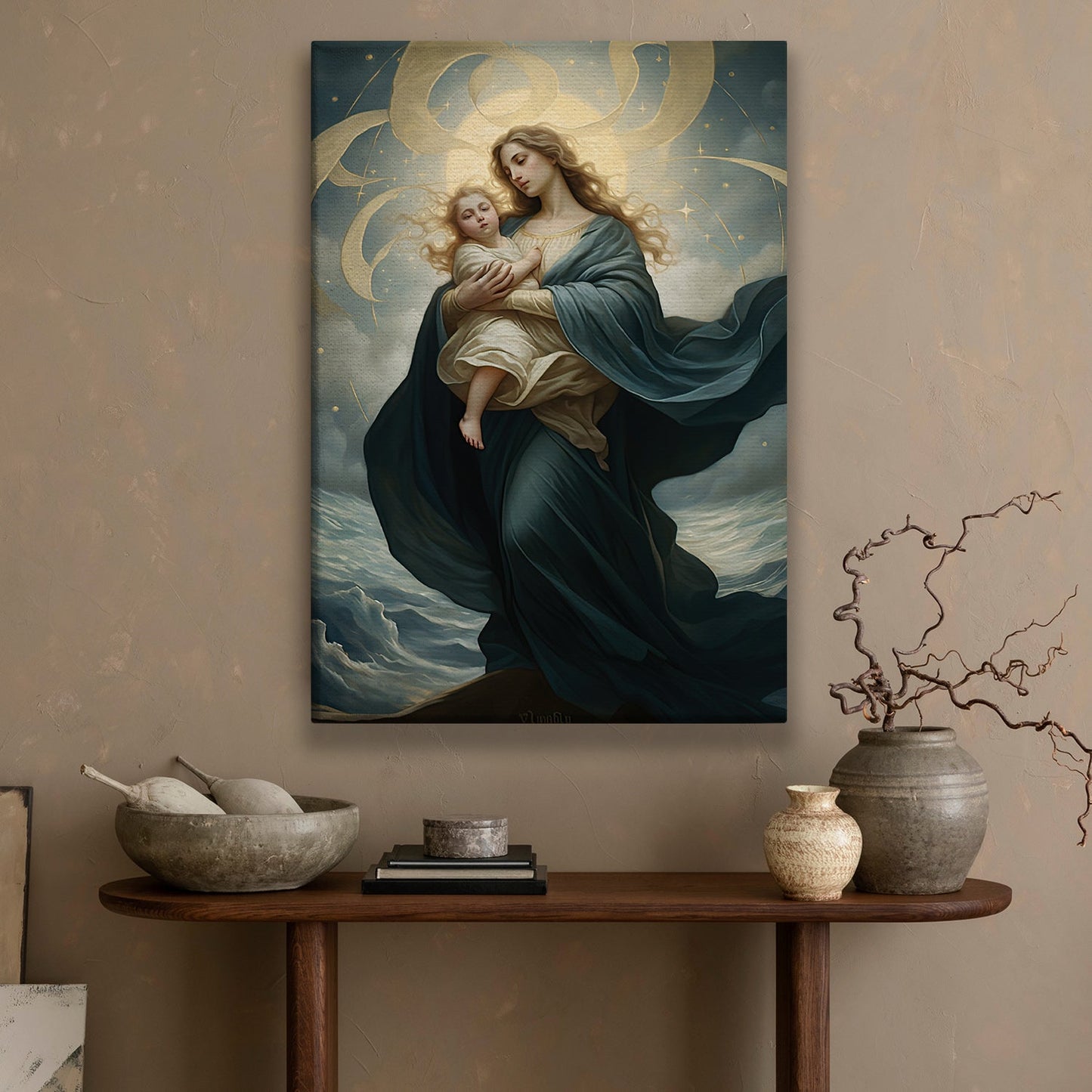 Celestial Madonna and Child, Virgin Mary Christmas Canvas Painting, Xmas Wall Art Decor - Christmas Poster Gift