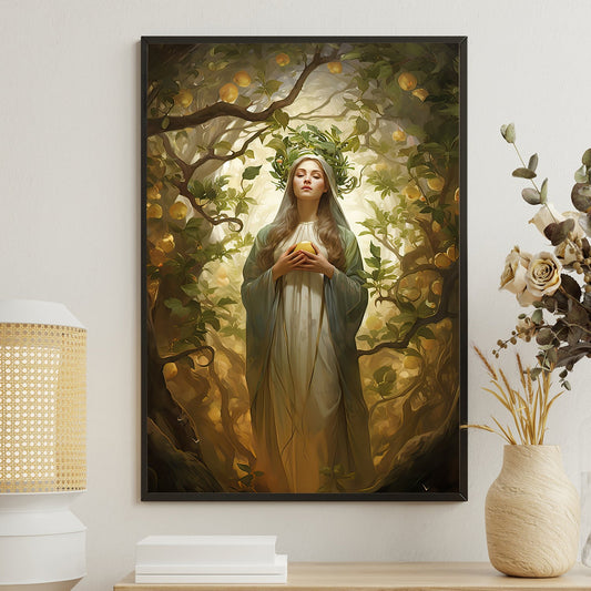 Golden Orchard's Guardian, Virgin Mary Christmas Canvas Painting, Xmas Wall Art Decor - Christmas Poster Gift