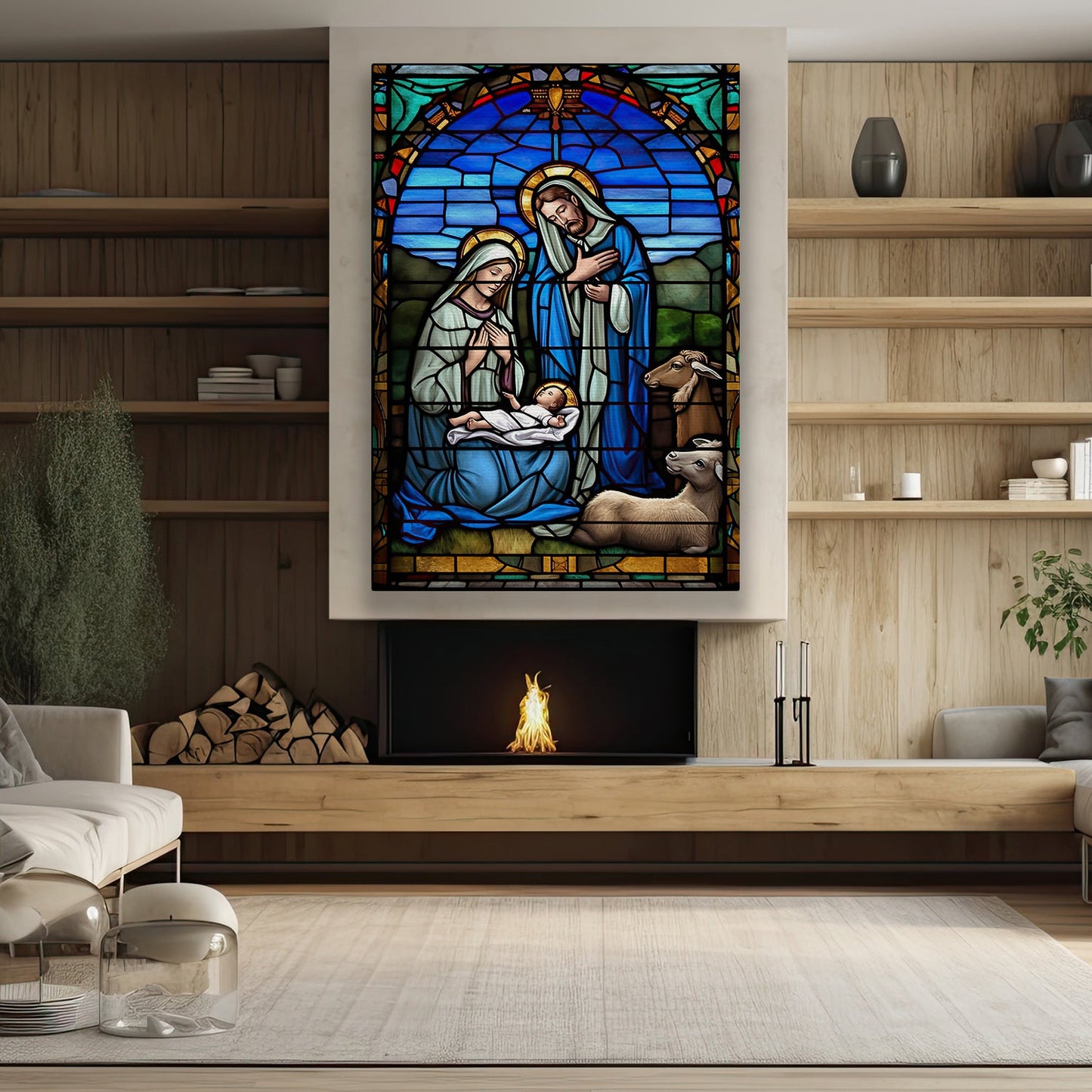 Holy Night's Stained Glass, Virgin Mary Canvas Painting, Xmas Wall Art Decor - Christmas Poster Gift