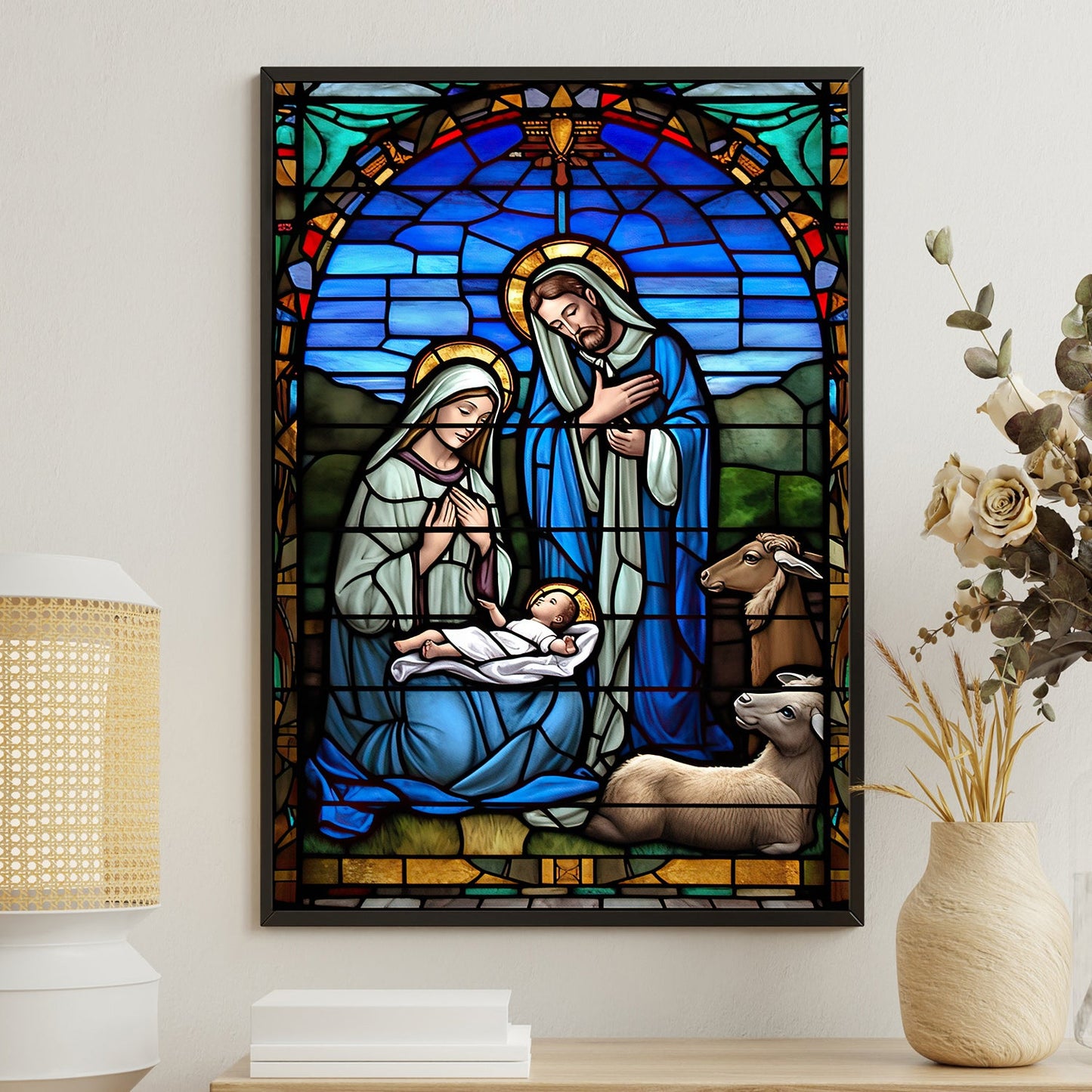 Holy Night's Stained Glass, Virgin Mary Canvas Painting, Xmas Wall Art Decor - Christmas Poster Gift