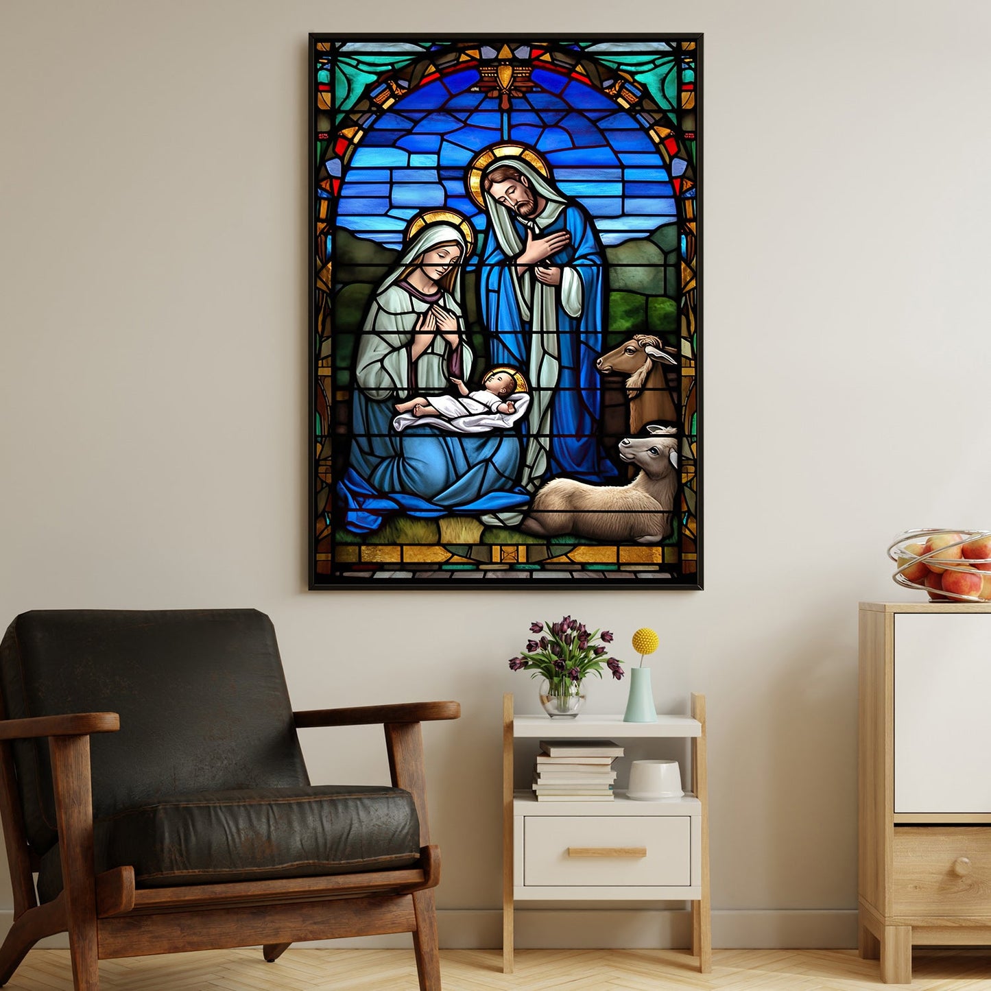 Holy Night's Stained Glass, Virgin Mary Canvas Painting, Xmas Wall Art Decor - Christmas Poster Gift