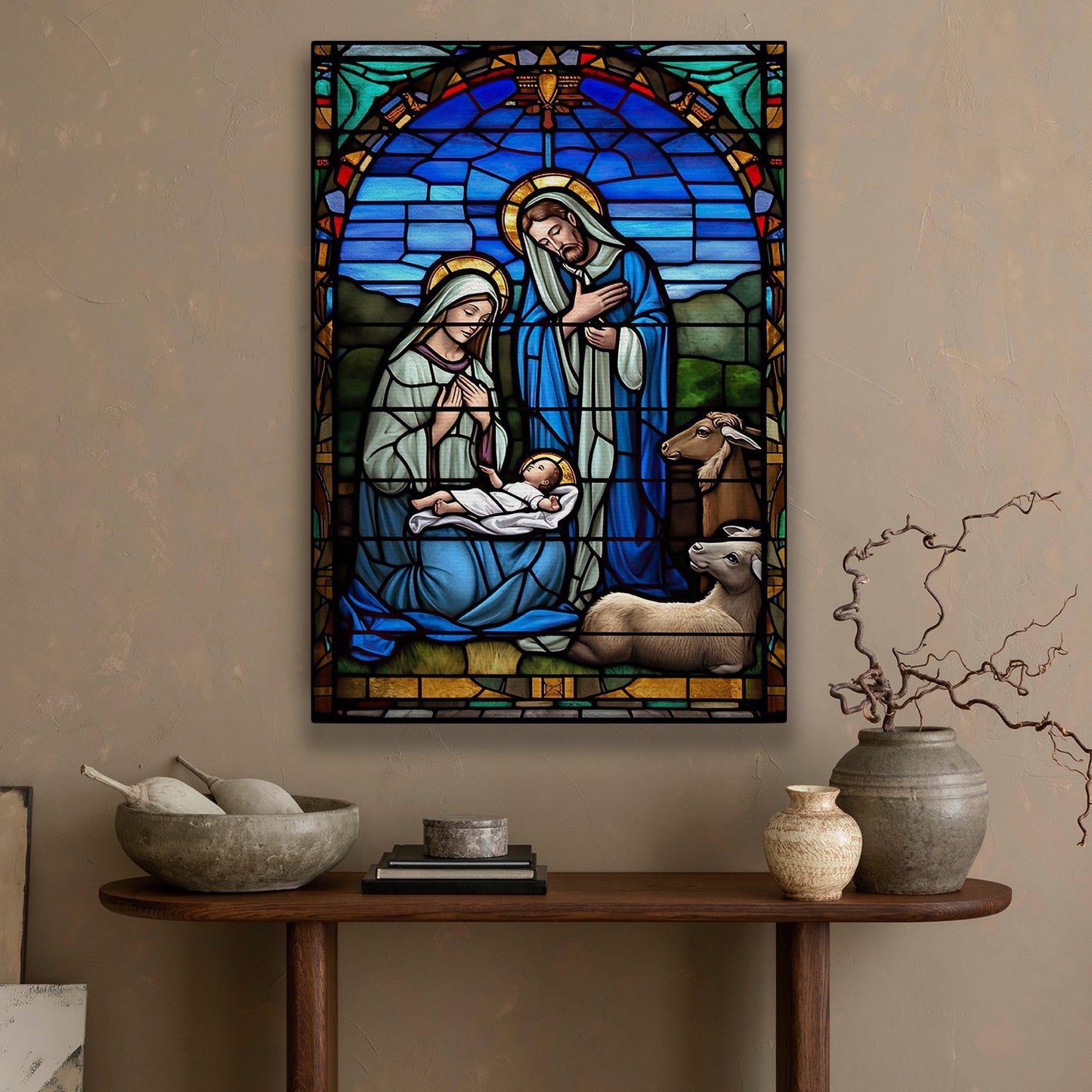 Holy Night's Stained Glass, Virgin Mary Canvas Painting, Xmas Wall Art Decor - Christmas Poster Gift