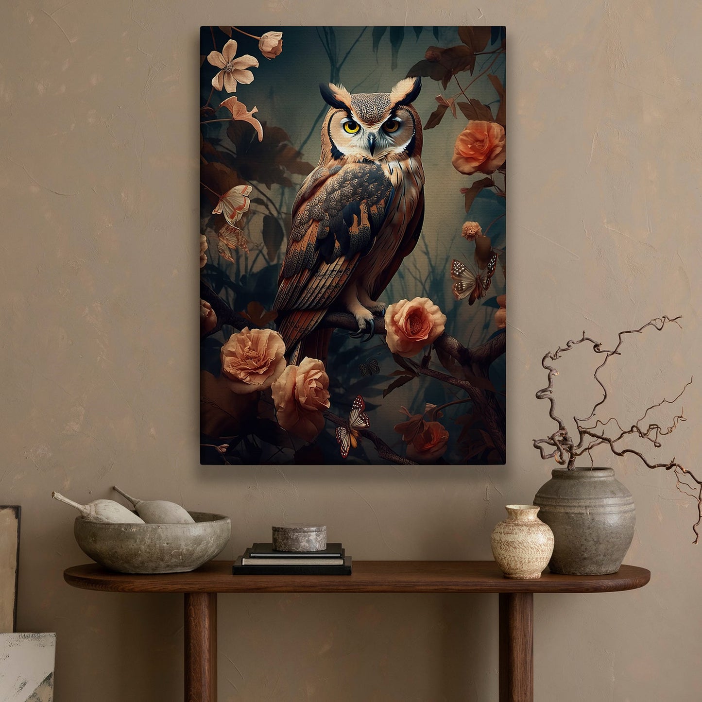 A Guardian Owl Amidst The Blossoms, Owl Canvas Painting, Wall Art Decor - Poster Gift For Owl Lovers