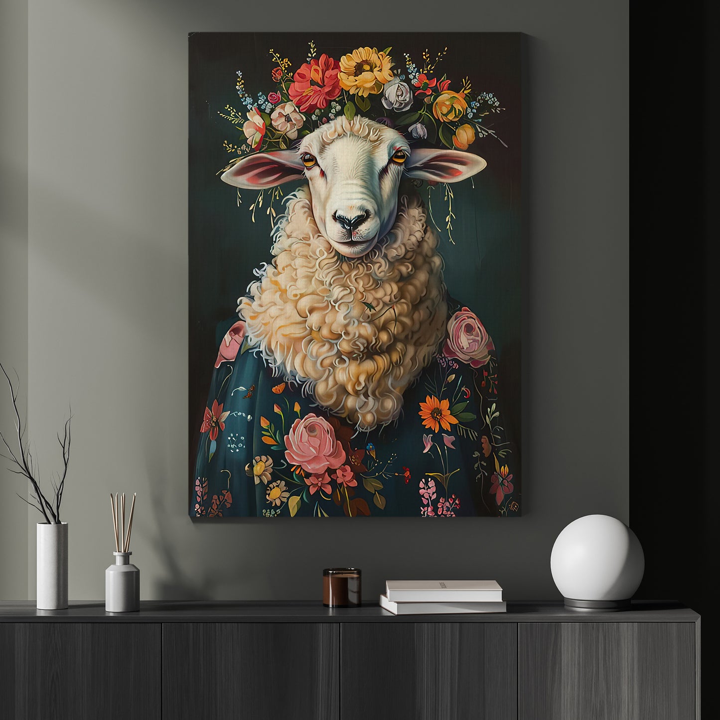 A Sheep's Blossom Portrait, Floral Victorian Sheep Canvas Painting, Victorian Animal Wall Art Decor, Poster Gift For Sheep Lovers