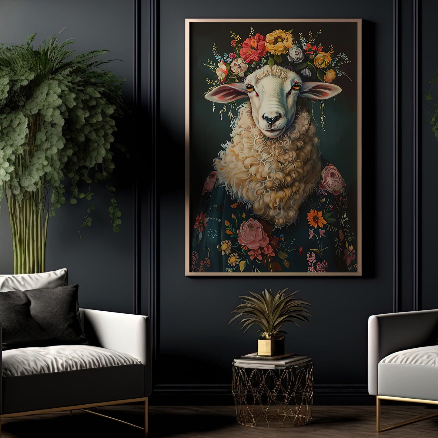 A Sheep's Blossom Portrait, Floral Victorian Sheep Canvas Painting, Victorian Animal Wall Art Decor, Poster Gift For Sheep Lovers