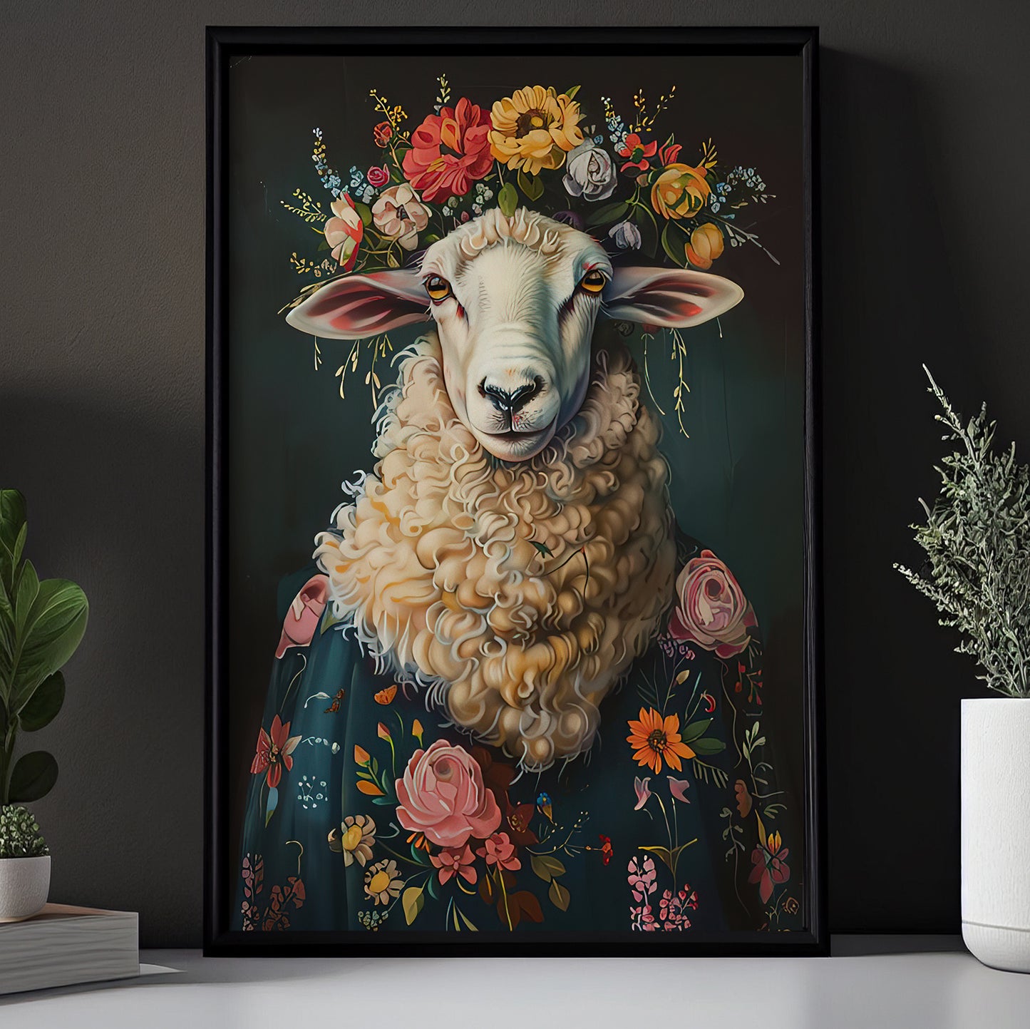 A Sheep's Blossom Portrait, Floral Victorian Sheep Canvas Painting, Victorian Animal Wall Art Decor, Poster Gift For Sheep Lovers