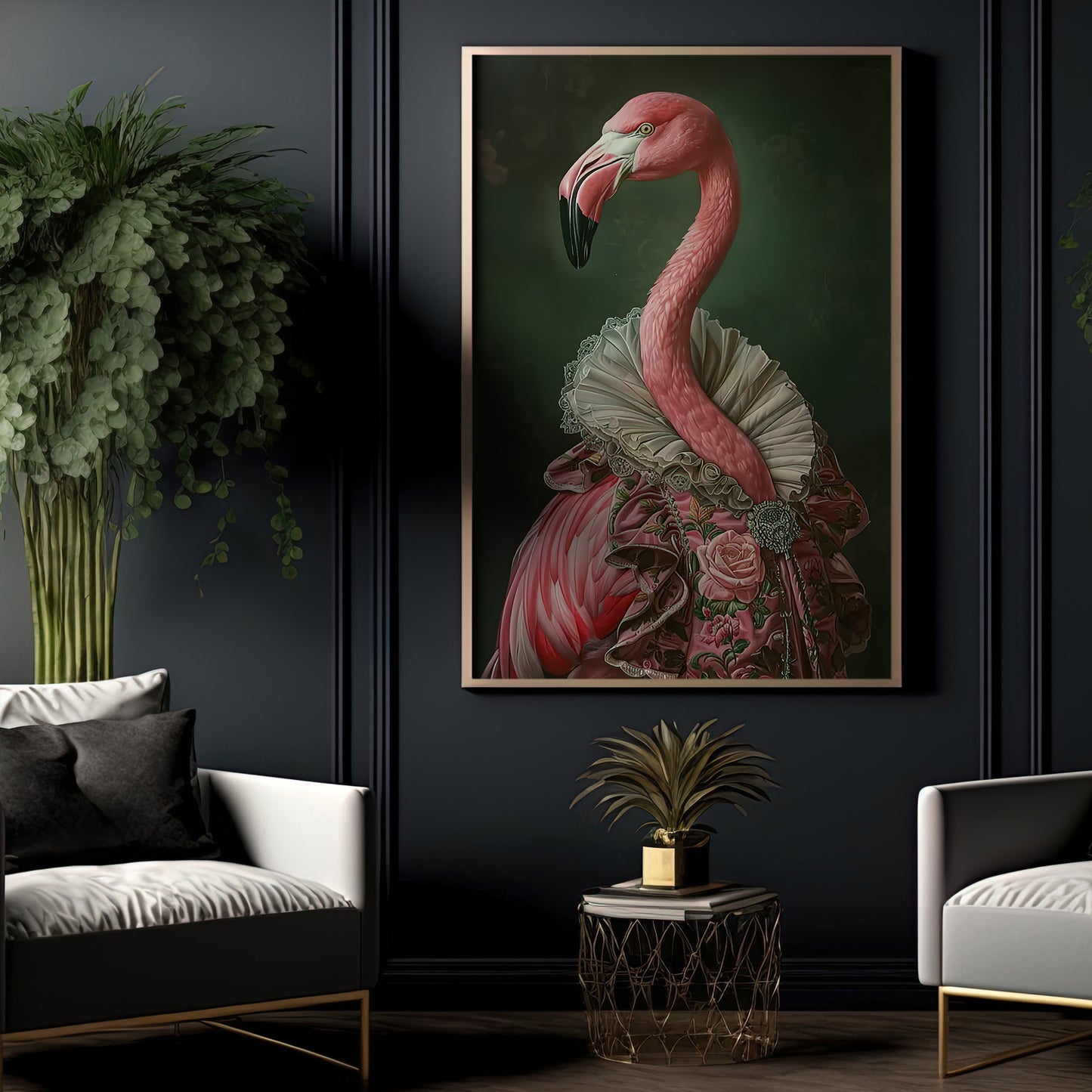 The Flamingo's Finery, Victorian Flamingo Canvas Painting, Victorian Animal Wall Art Decor, Poster Gift For Flamingo Lovers