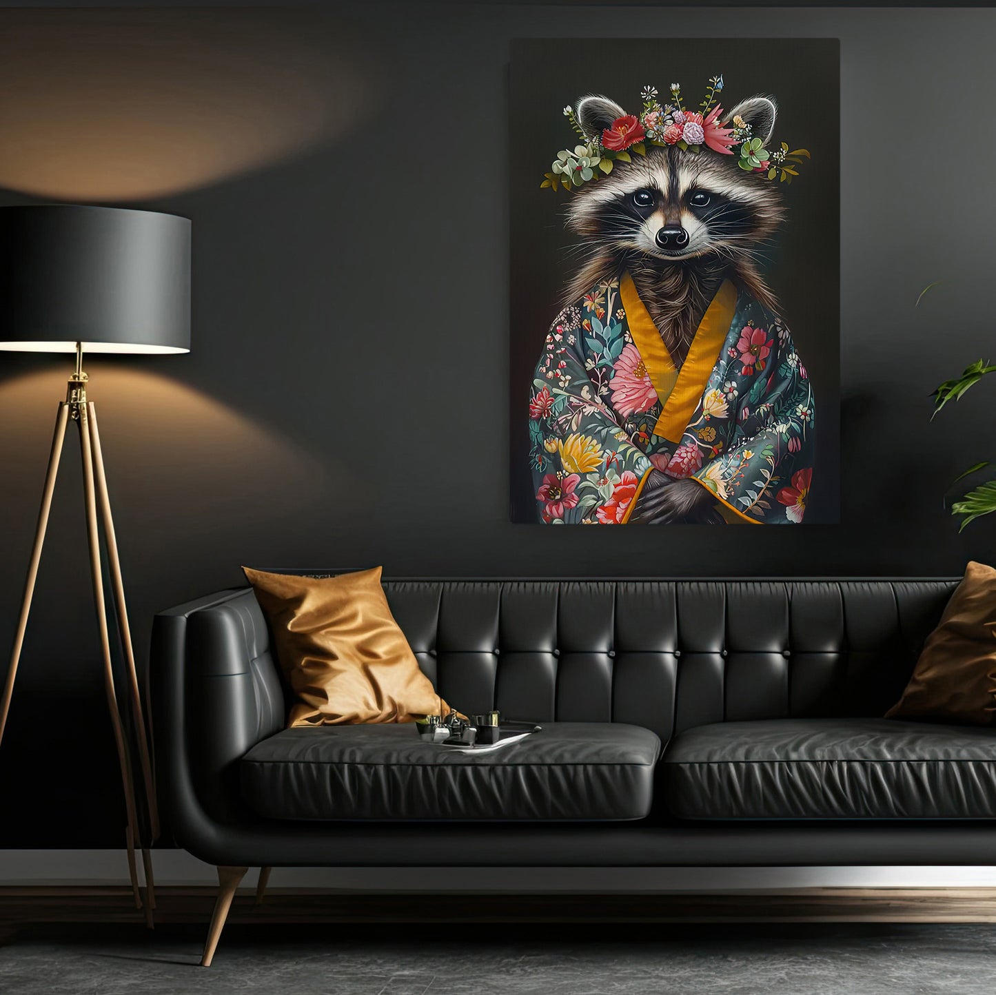 A Raccoon's Blossom Portrait, Floral Victorian Raccoon Canvas Painting, Victorian Animal Wall Art Decor, Poster Gift For Raccoon Lovers