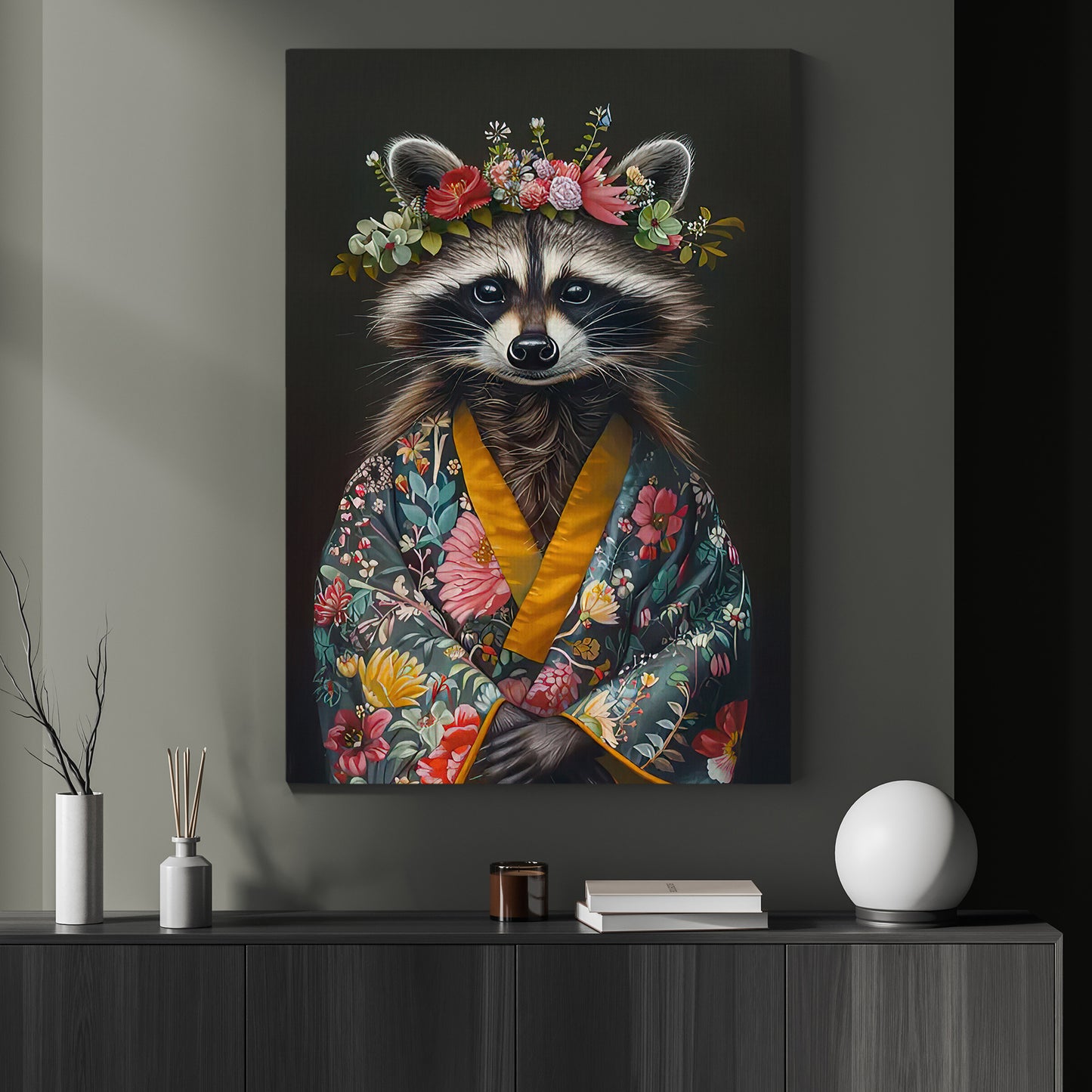 A Raccoon's Blossom Portrait, Floral Victorian Raccoon Canvas Painting, Victorian Animal Wall Art Decor, Poster Gift For Raccoon Lovers