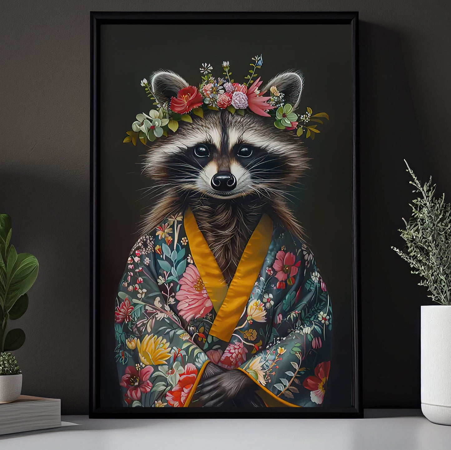 A Raccoon's Blossom Portrait, Floral Victorian Raccoon Canvas Painting, Victorian Animal Wall Art Decor, Poster Gift For Raccoon Lovers